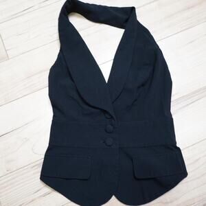 Bisou Bisou Black Cropped Vest Smocked Back Covered Buttons Y2K Goth Glam XS